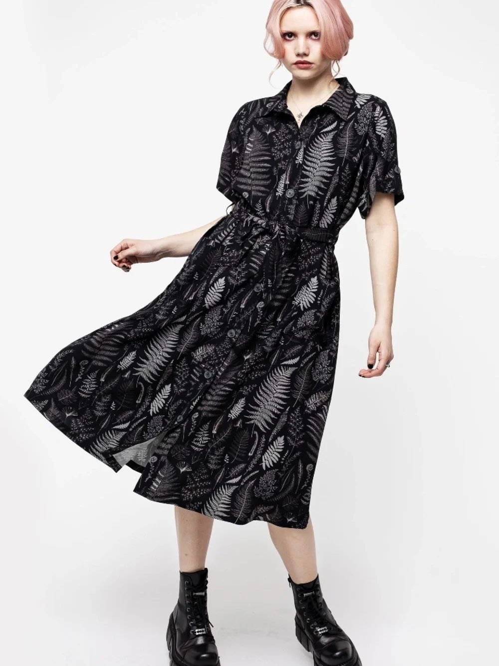 Maidenhair Midi Short Sleeve Shirt Dress - 10 Tall - fern frond illustrations - Picture 6 of 11